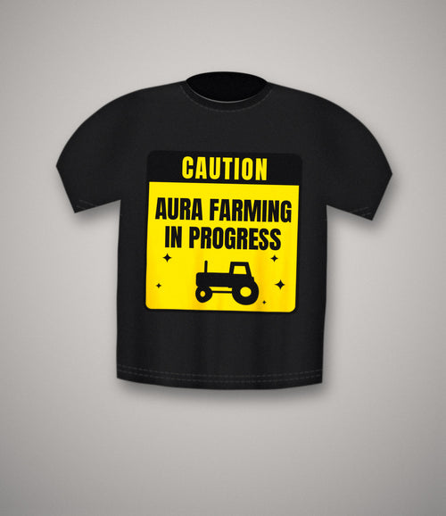 Caution: aura farming in progress warning sign on a black unisex cotton t-shirt — meme warning label tee