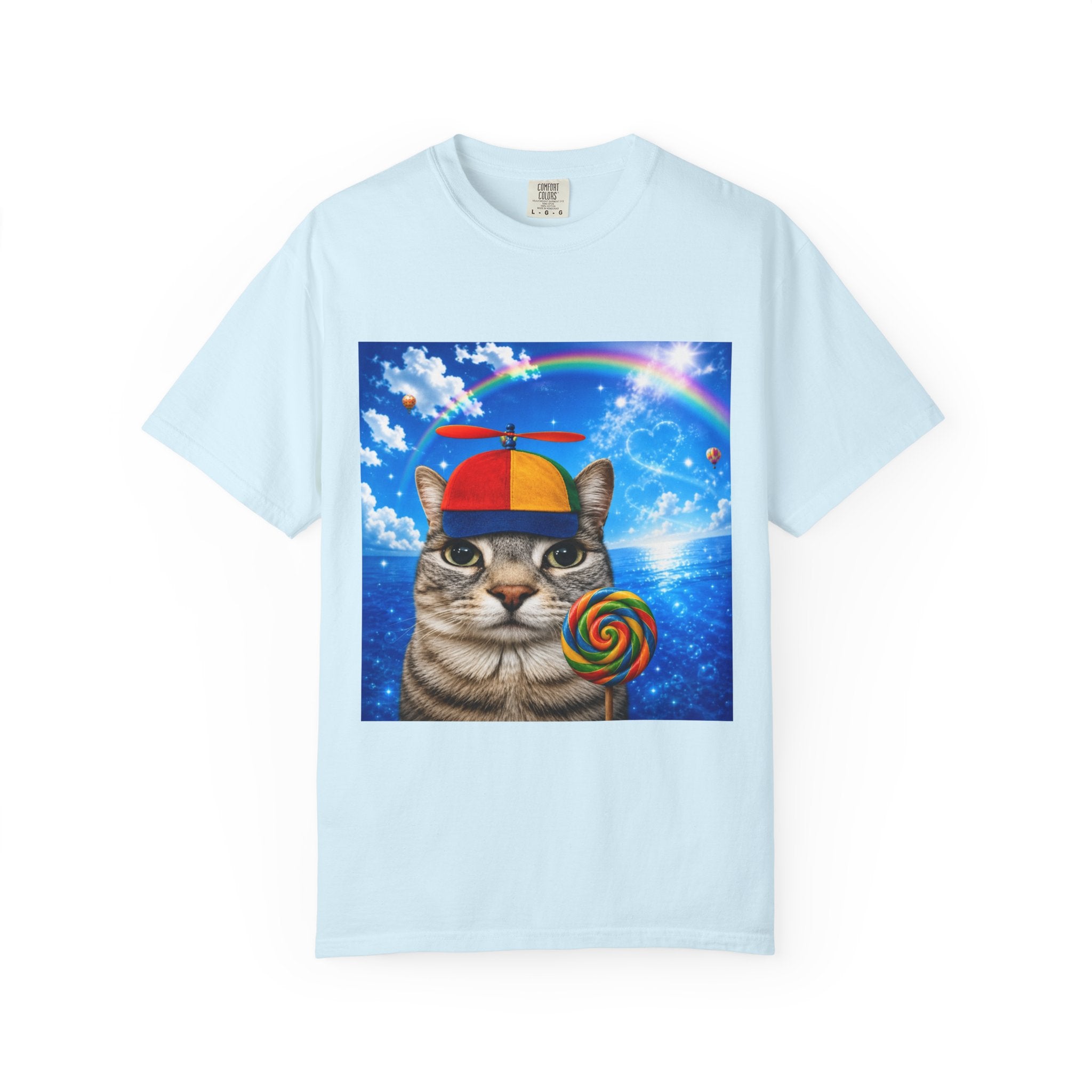 Cat with Lollipop T-Shirt — Rainbow Beanie Kitten Graphic Tee