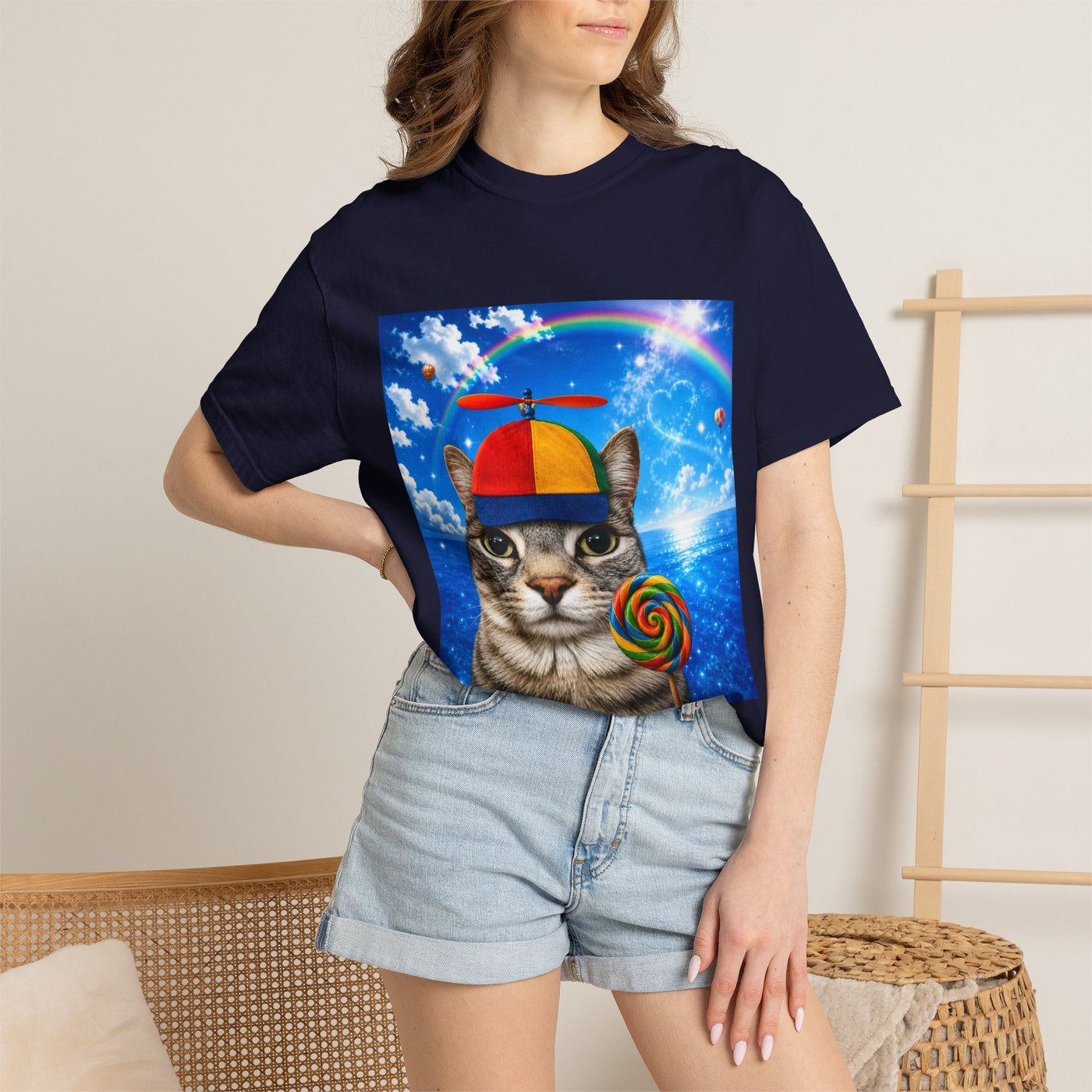 Cat with Lollipop T-Shirt — Rainbow Beanie Kitten Graphic Tee