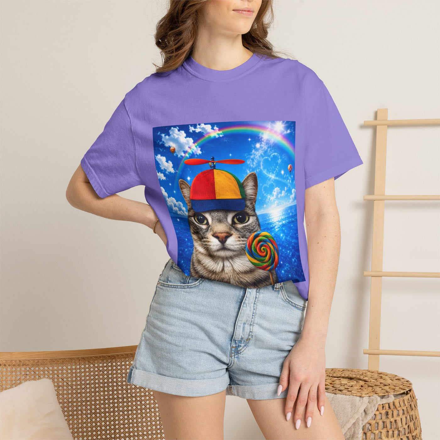 Cat with Lollipop T-Shirt — Rainbow Beanie Kitten Graphic Tee