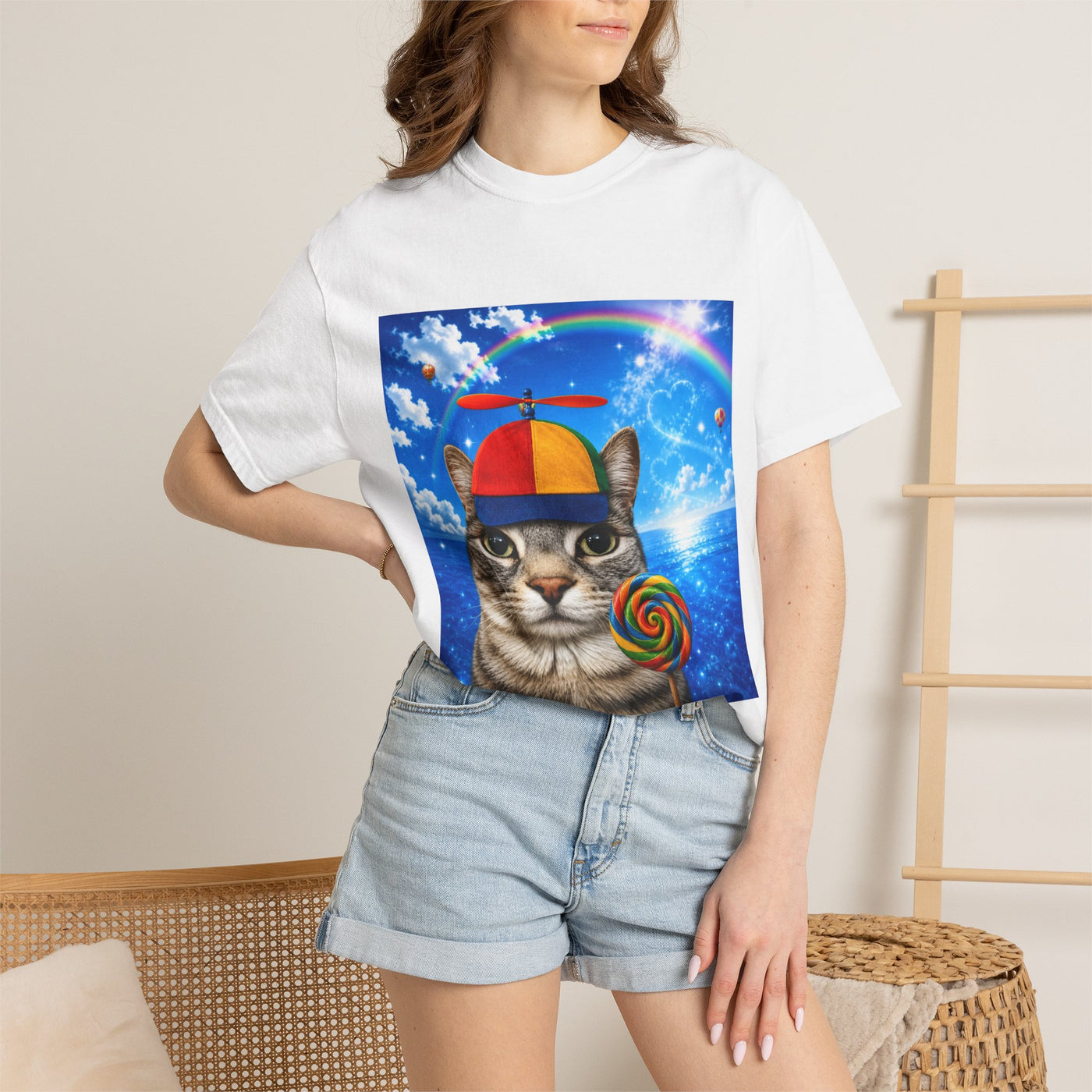 Cat with Lollipop T-Shirt — Rainbow Beanie Kitten Graphic Tee