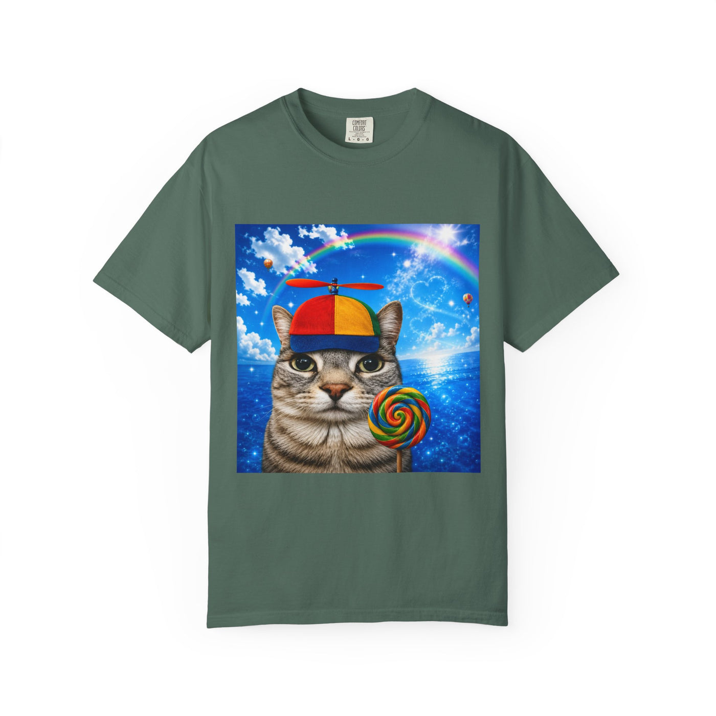 Cat with Lollipop T-Shirt — Rainbow Beanie Kitten Graphic Tee