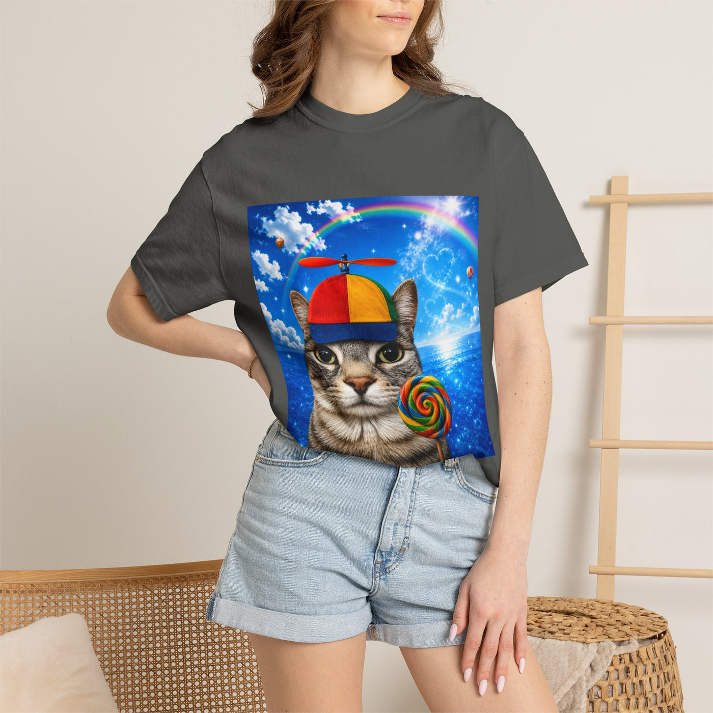 Cat with Lollipop T-Shirt — Rainbow Beanie Kitten Graphic Tee
