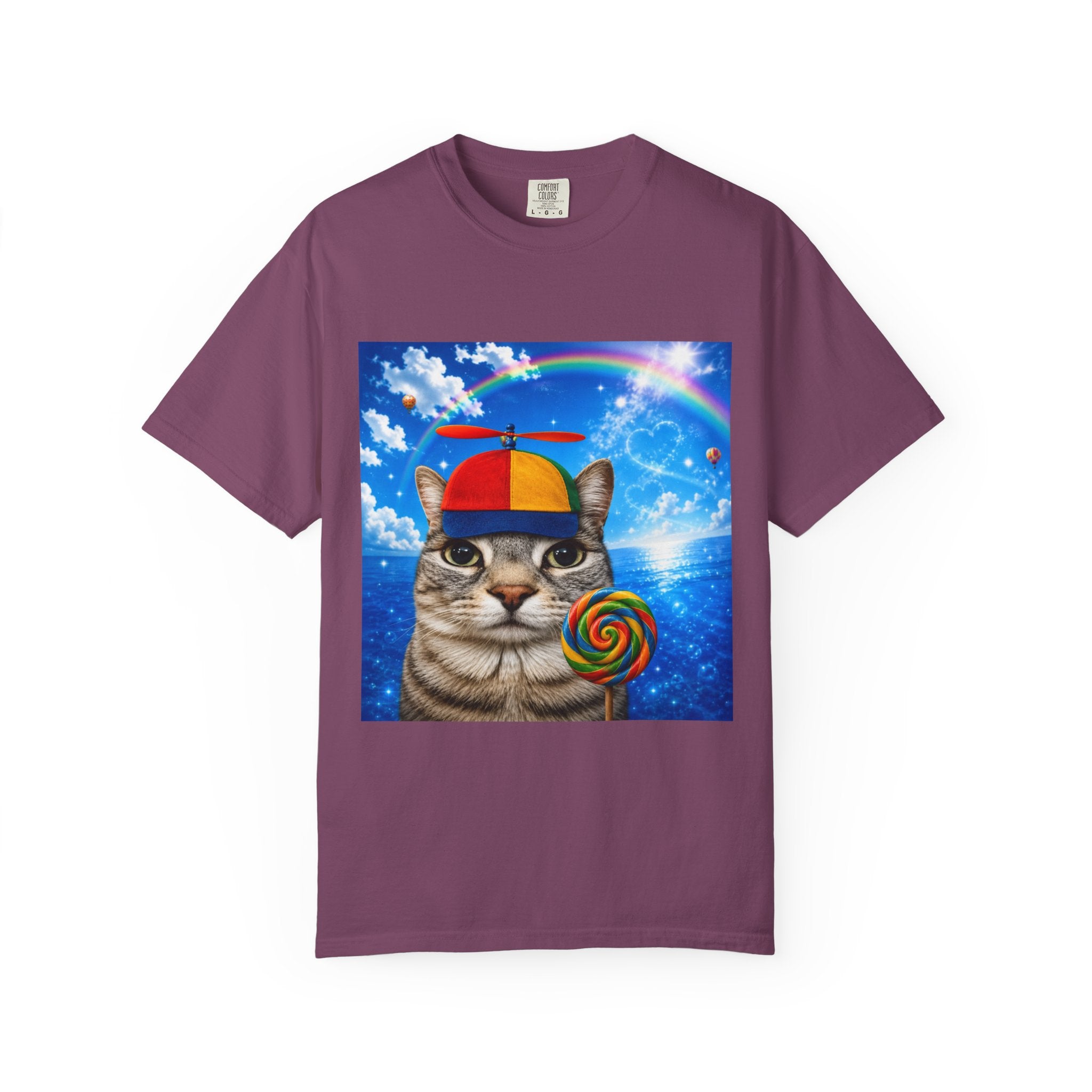 Cat with Lollipop T-Shirt — Rainbow Beanie Kitten Graphic Tee