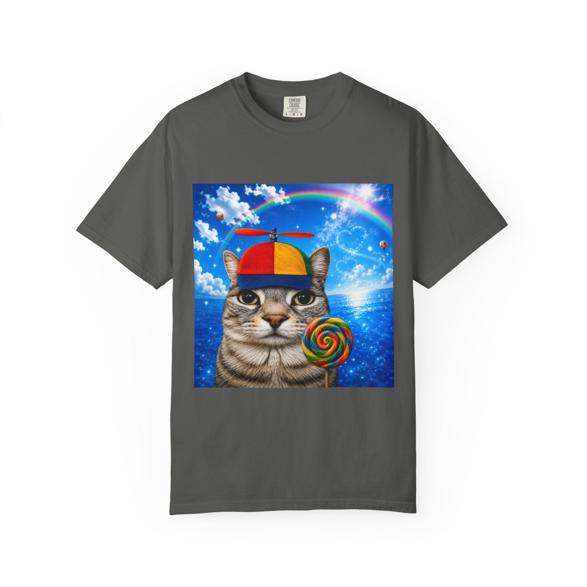 Cat with Lollipop T-Shirt — Rainbow Beanie Kitten Graphic Tee