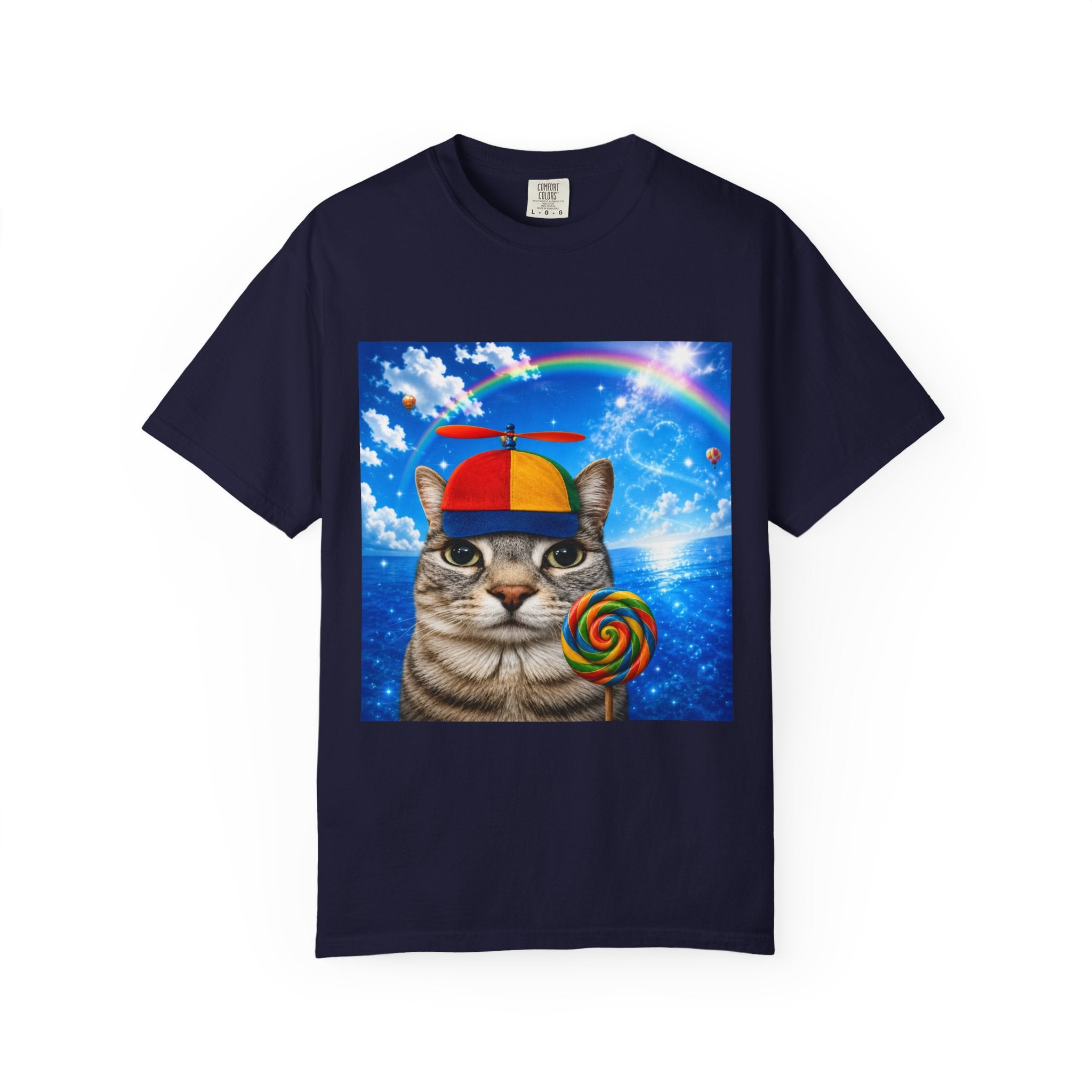 Cat with Lollipop T-Shirt — Rainbow Beanie Kitten Graphic Tee