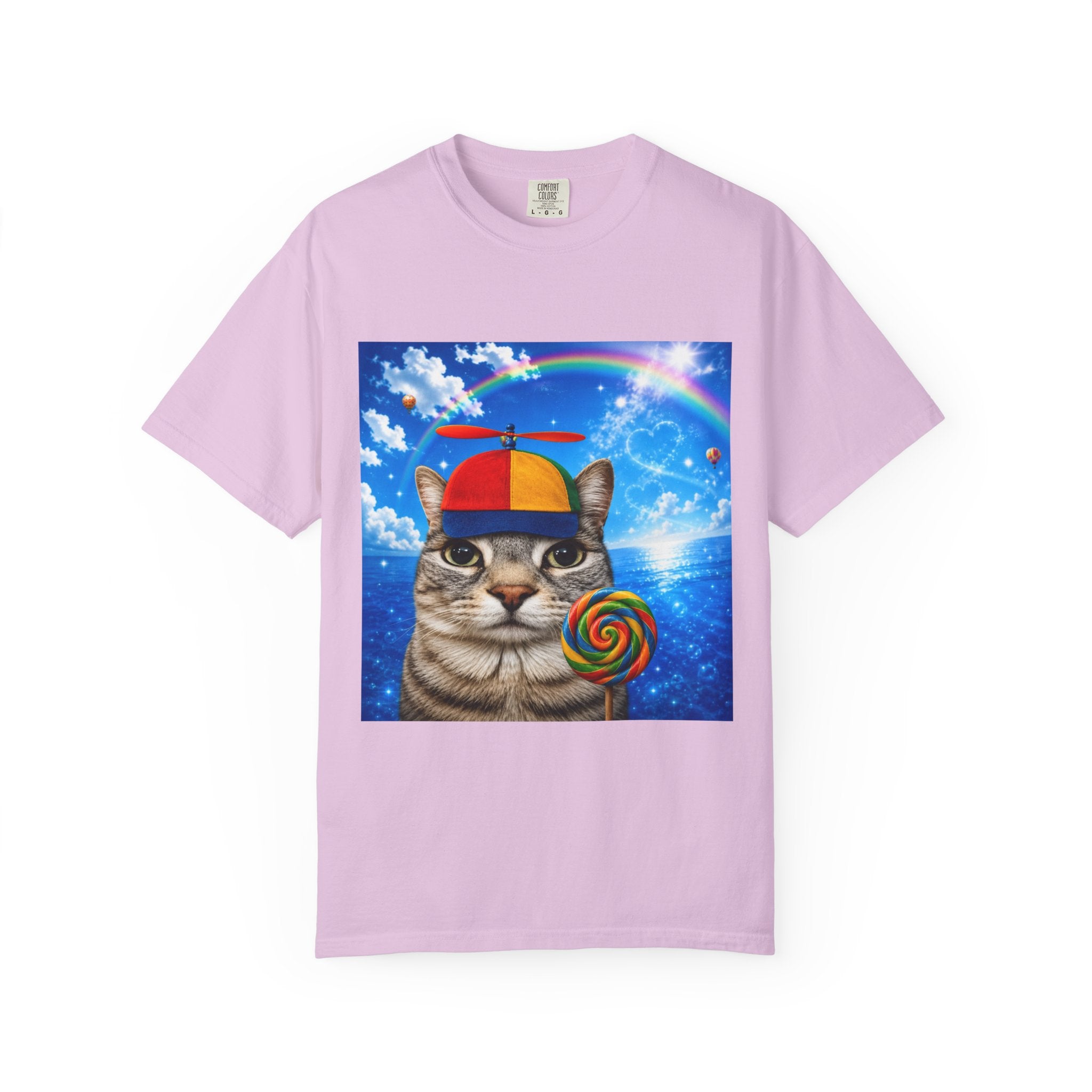 Cat with Lollipop T-Shirt — Rainbow Beanie Kitten Graphic Tee