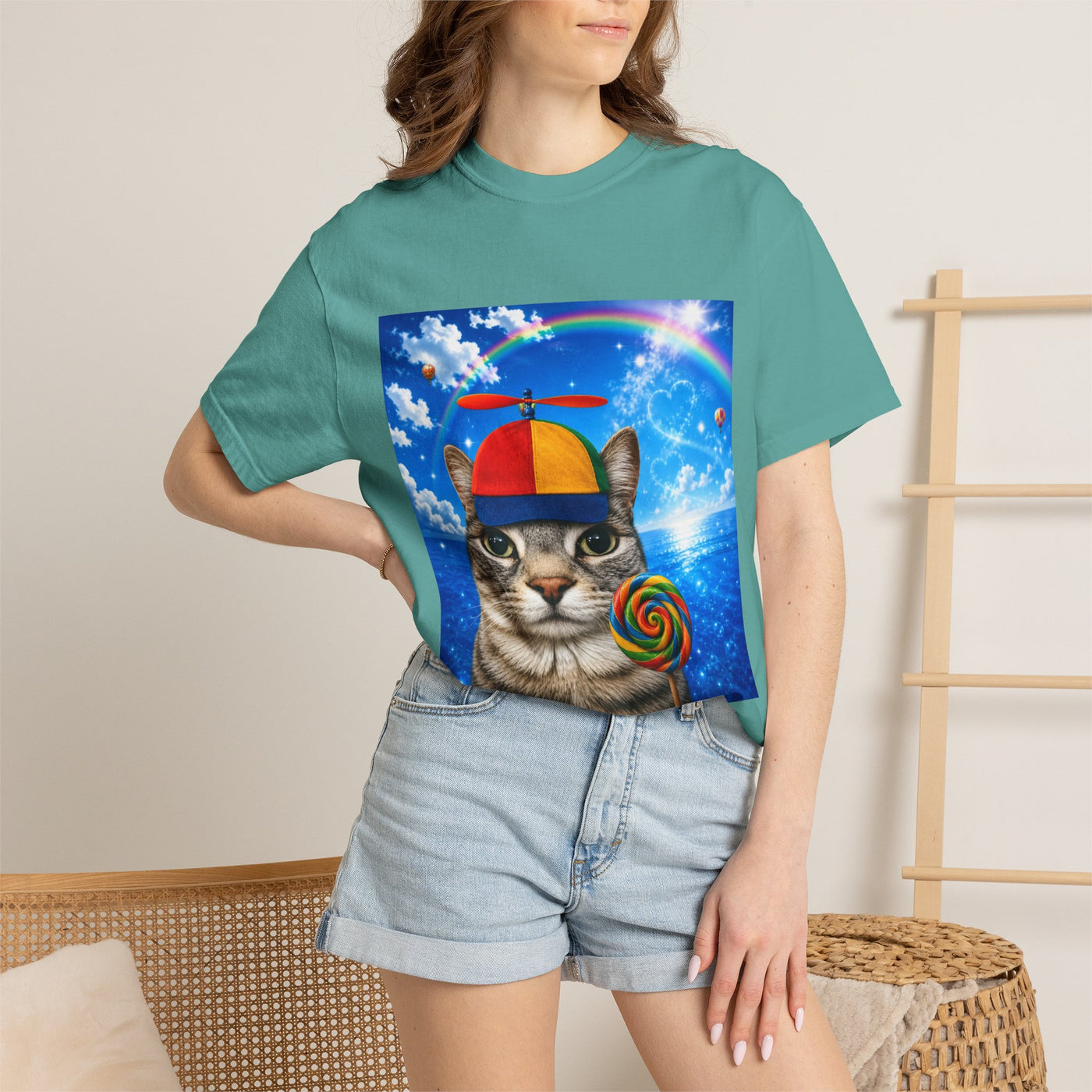 Cat with Lollipop T-Shirt — Rainbow Beanie Kitten Graphic Tee