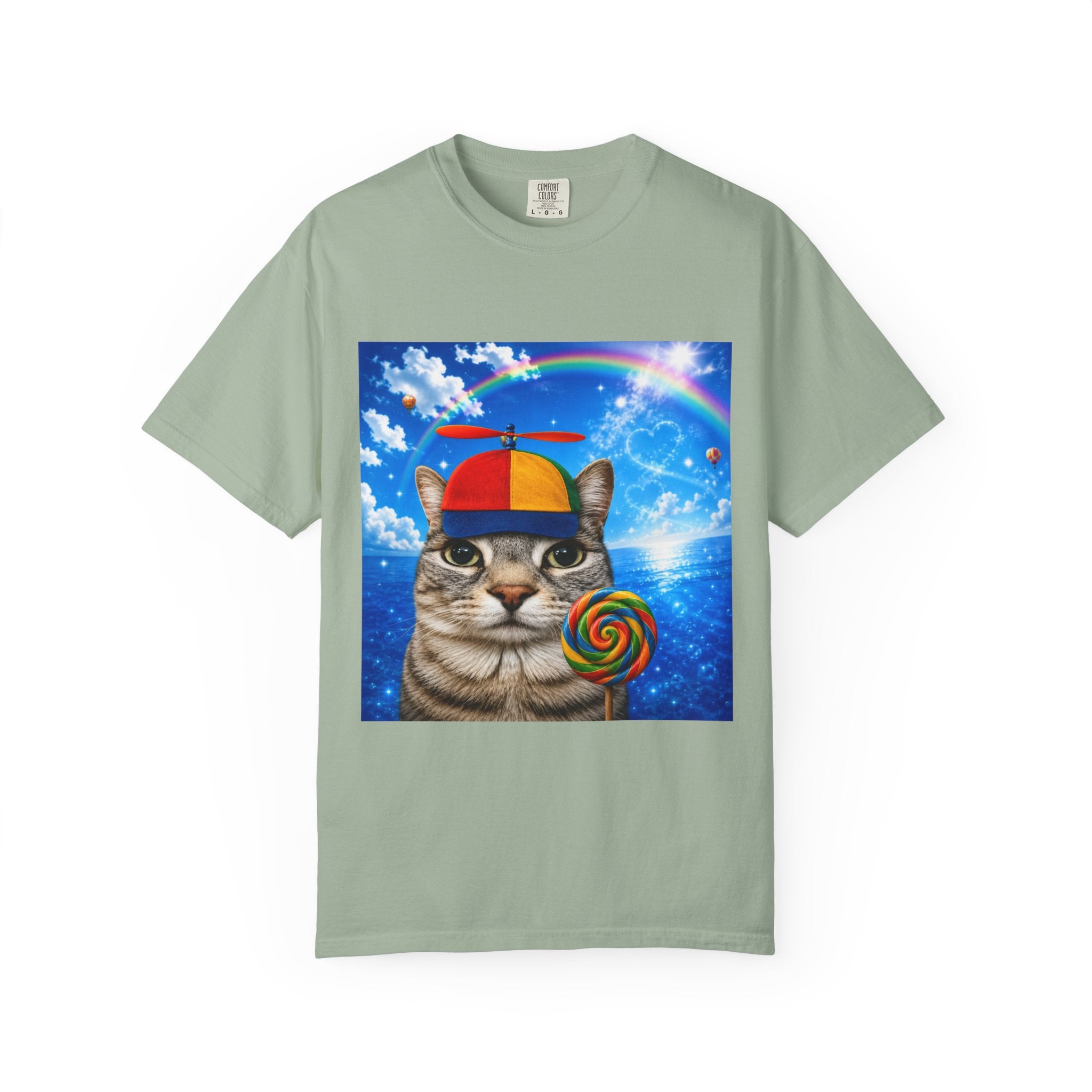 Cat with Lollipop T-Shirt — Rainbow Beanie Kitten Graphic Tee