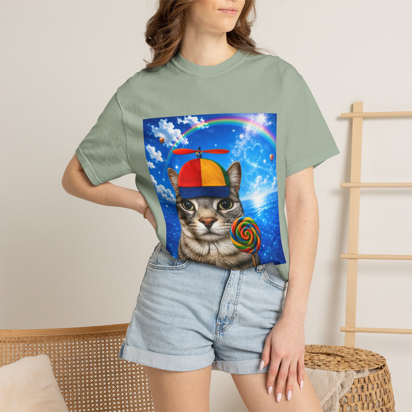 Cat with Lollipop T-Shirt — Rainbow Beanie Kitten Graphic Tee