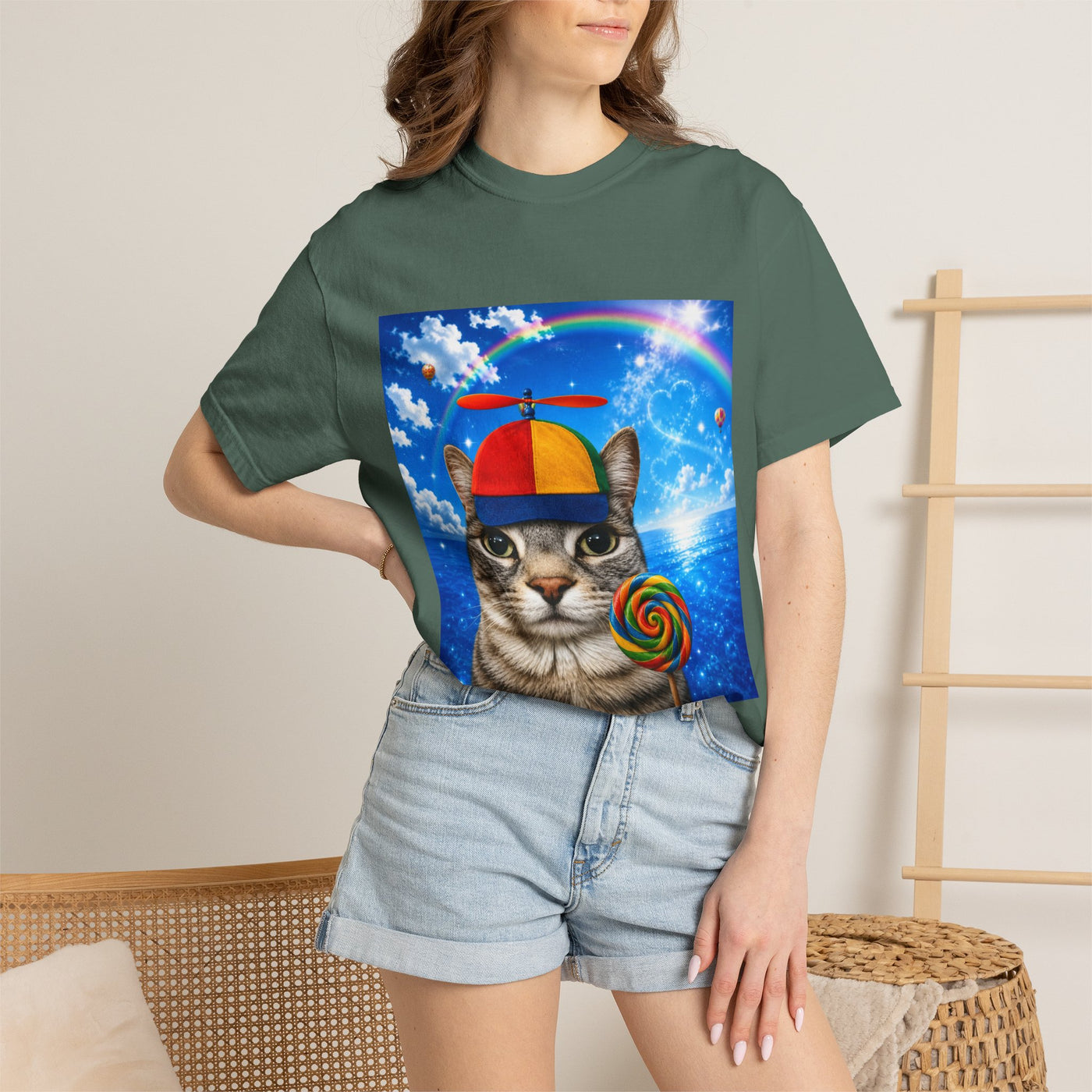 Cat with Lollipop T-Shirt — Rainbow Beanie Kitten Graphic Tee