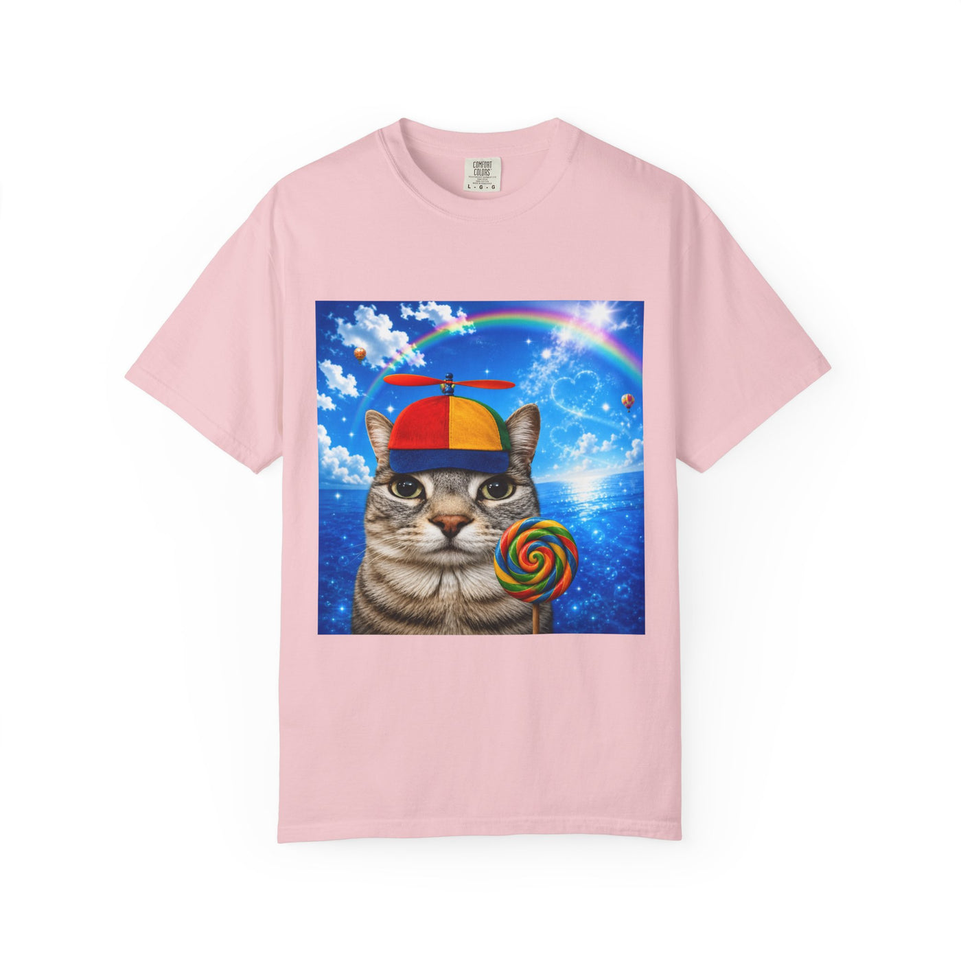 Cat with Lollipop T-Shirt — Rainbow Beanie Kitten Graphic Tee