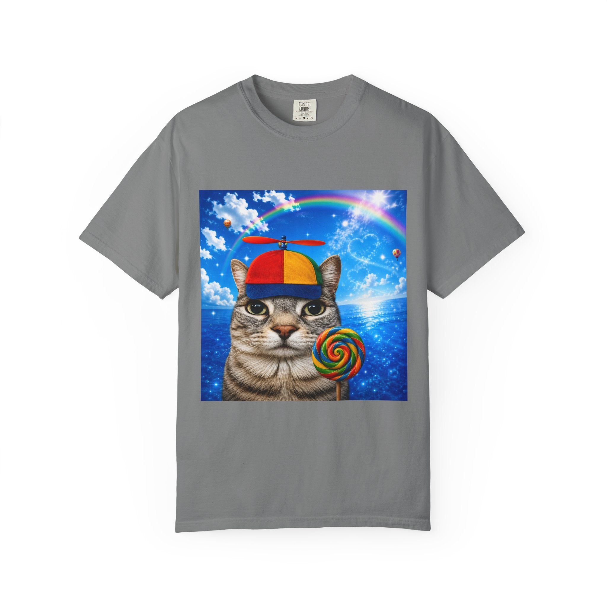 Cat with Lollipop T-Shirt — Rainbow Beanie Kitten Graphic Tee