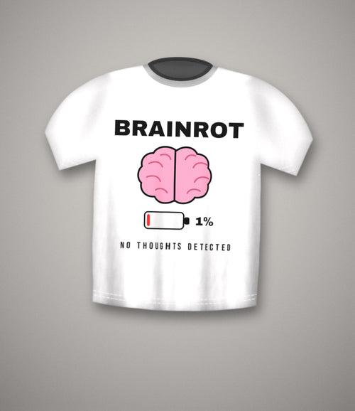 Brainrot 1% battery cartoon brain design on a white unisex cotton t-shirt — no thoughts meme tee