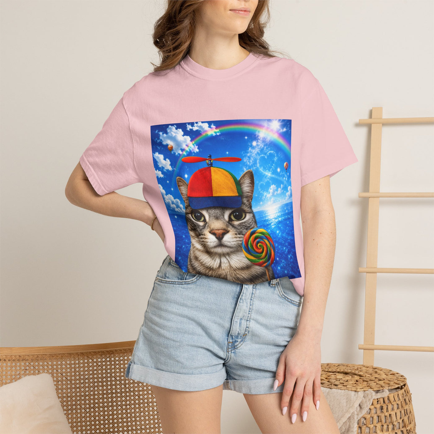 Cat with Lollipop T-Shirt — Rainbow Beanie Kitten Graphic Tee