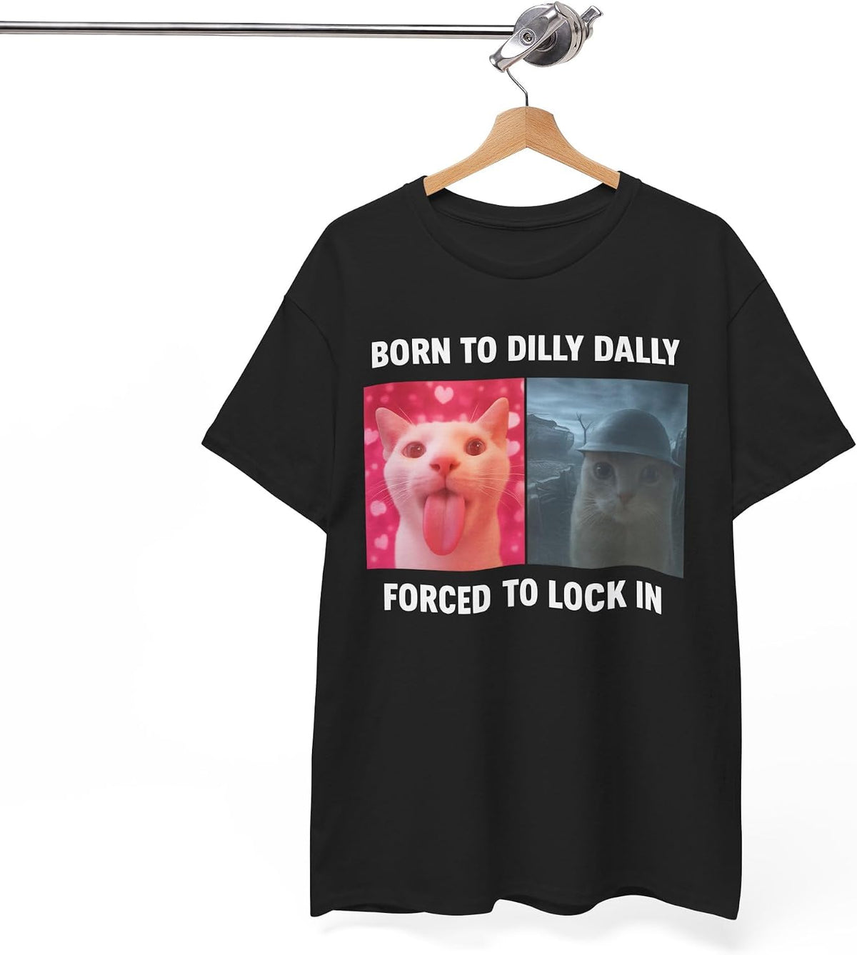 Born to Dilly Dally Forced to Lock in Shirt, Funny Cursed Cat Meme T-Shirt, Gen Z Ironic Humor Tee, Unhinged Viral Y2K Shirt