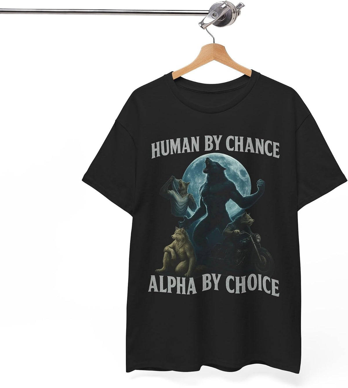 Human By Chance Alpha By Choice Wolf Tee - Unisex 180gsm Cotton Blend, Alpha Wolf Moonlit Design, Funny Cringe Shirt