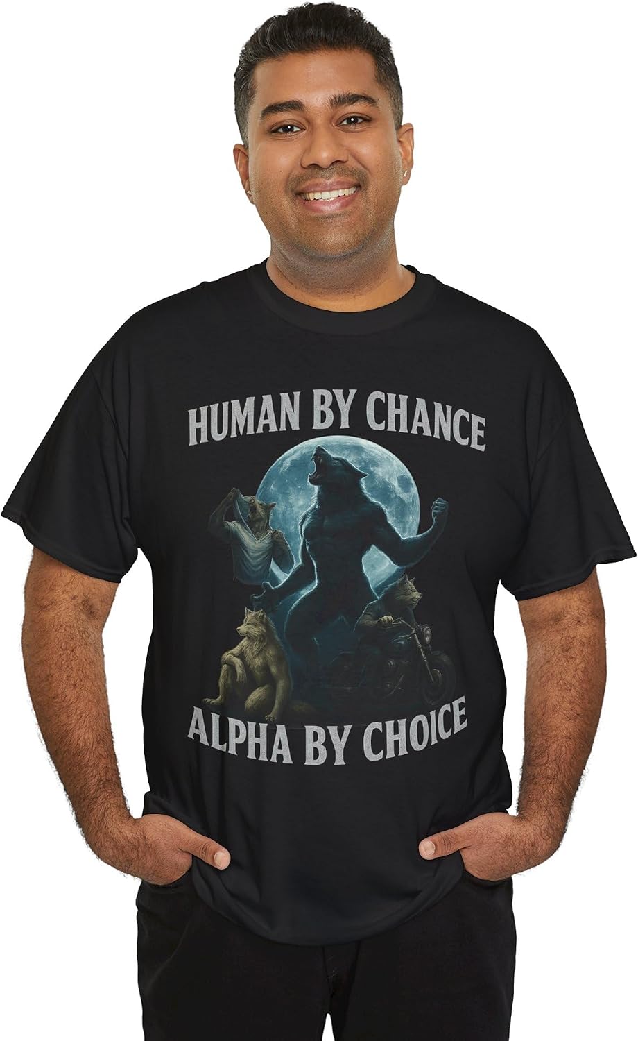 Human By Chance Alpha By Choice Wolf Tee - Unisex 180gsm Cotton Blend, Alpha Wolf Moonlit Design, Funny Cringe Shirt