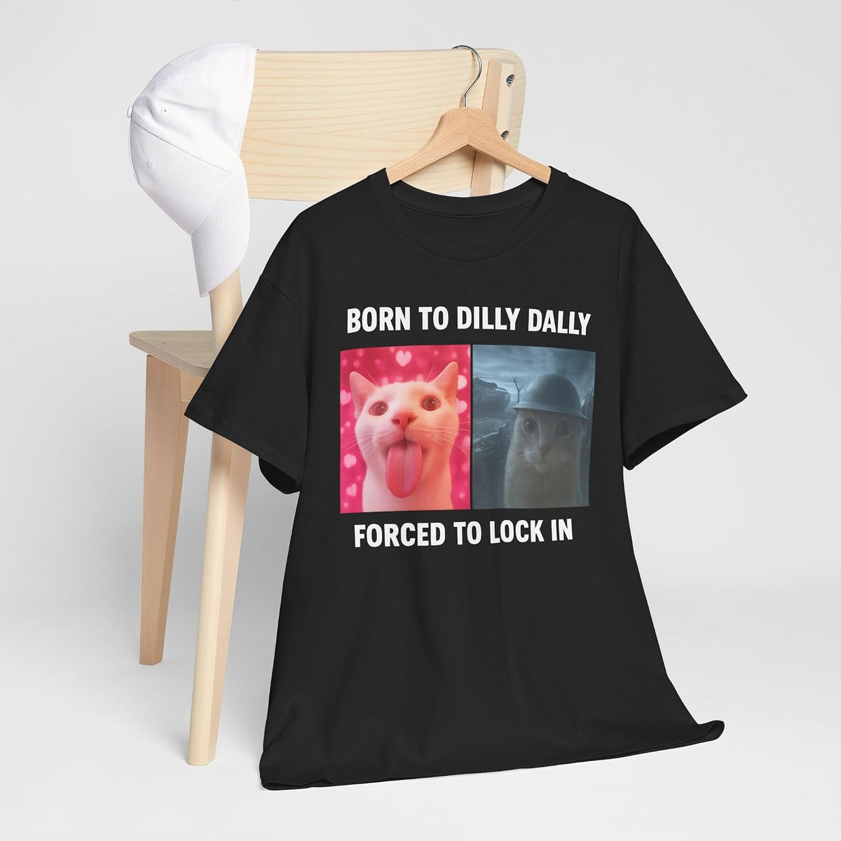 Born to Dilly Dally Forced to Lock in Shirt, Funny Cursed Cat Meme T-Shirt, Gen Z Ironic Humor Tee, Unhinged Viral Y2K Shirt