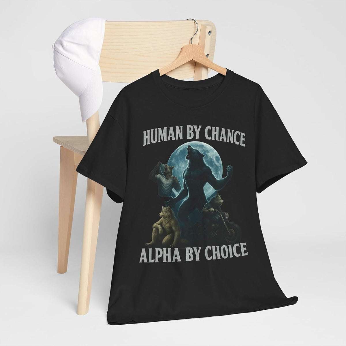 Human By Chance Alpha By Choice Wolf Tee - Unisex 180gsm Cotton Blend, Alpha Wolf Moonlit Design, Funny Cringe Shirt