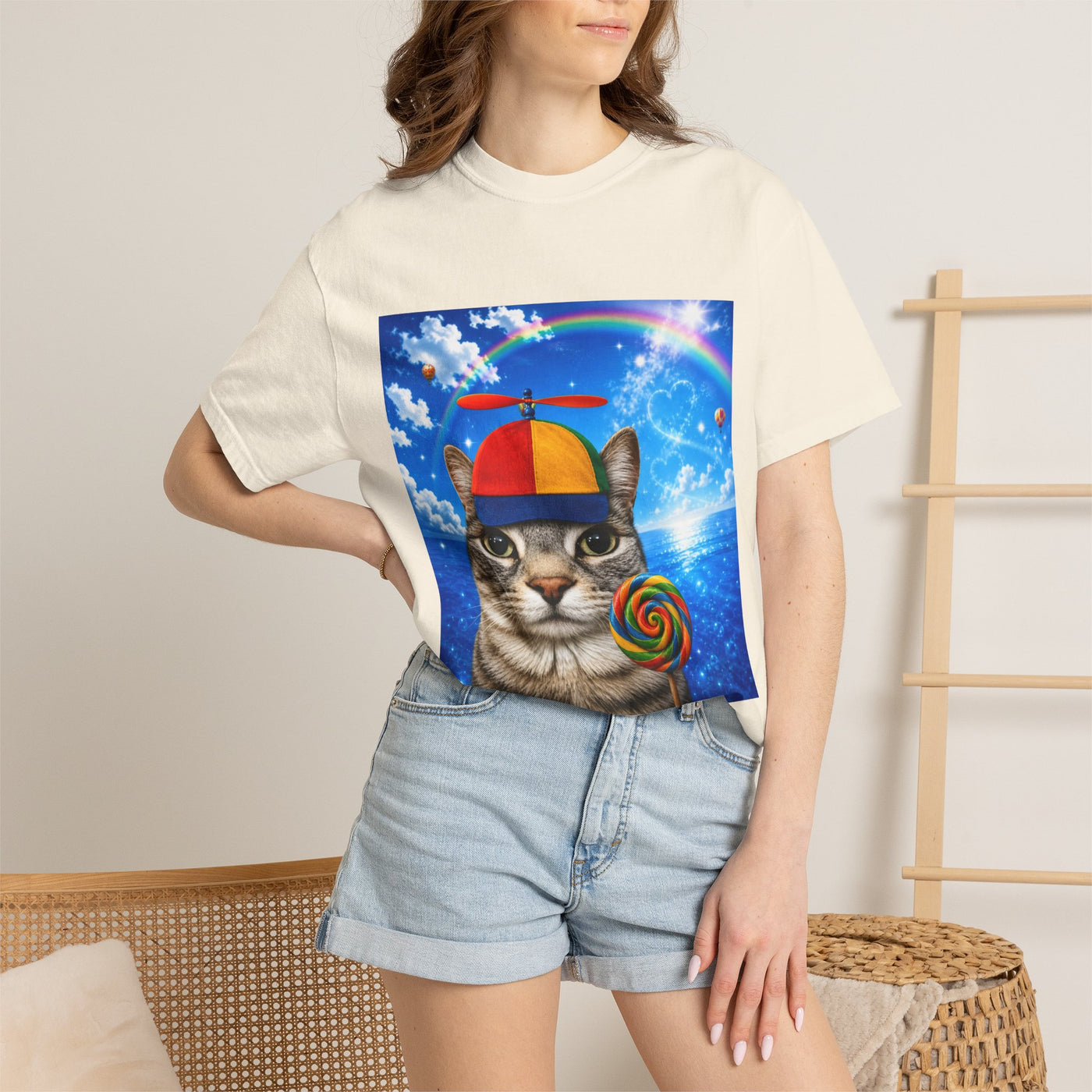 Cat with Lollipop T-Shirt — Rainbow Beanie Kitten Graphic Tee