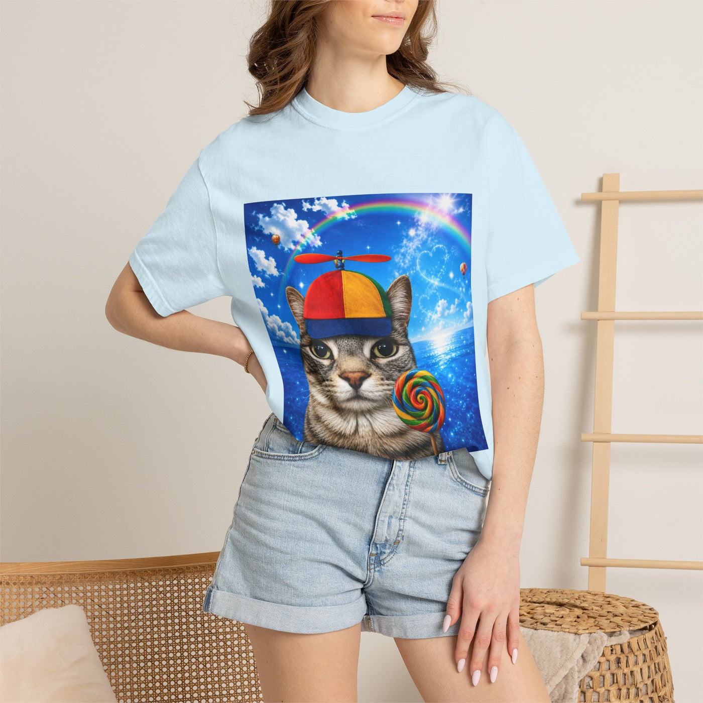 Cat with Lollipop T-Shirt — Rainbow Beanie Kitten Graphic Tee