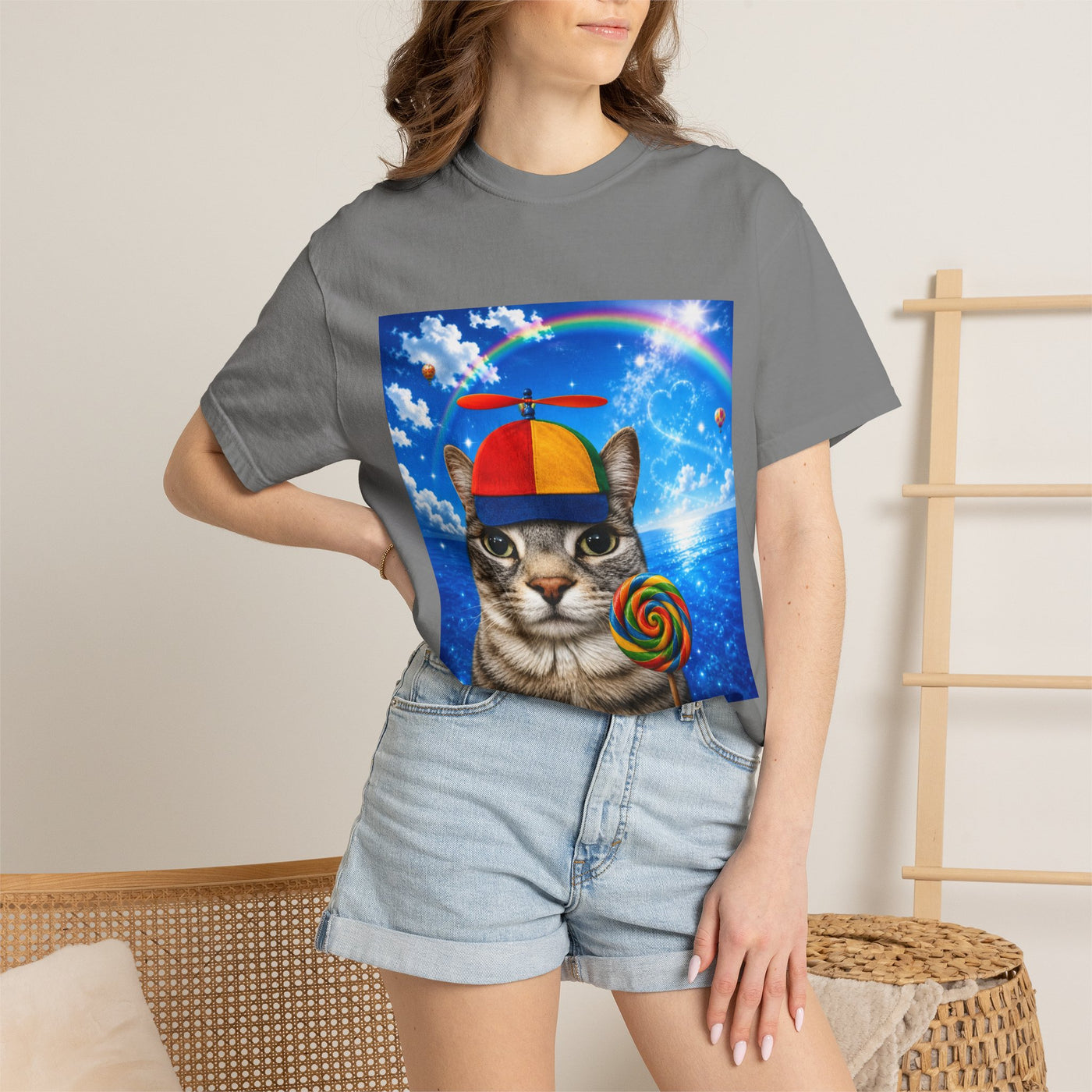 Cat with Lollipop T-Shirt — Rainbow Beanie Kitten Graphic Tee
