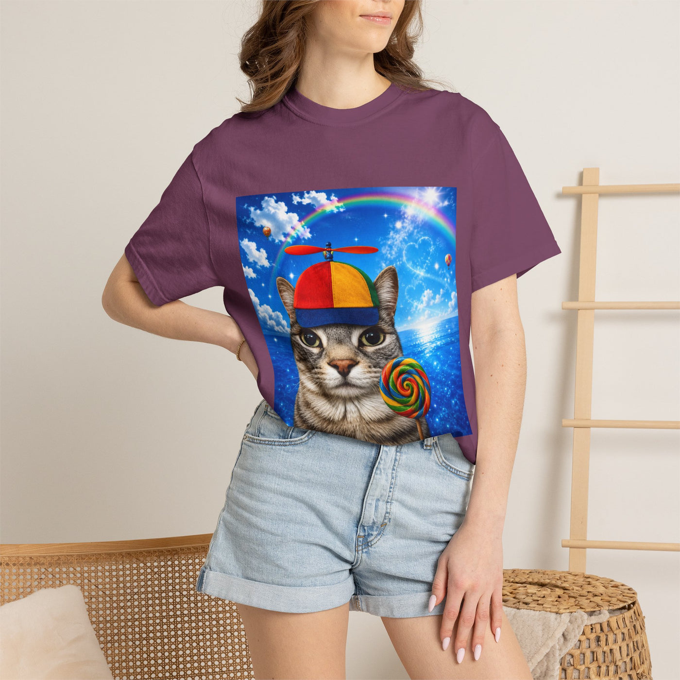Cat with Lollipop T-Shirt — Rainbow Beanie Kitten Graphic Tee
