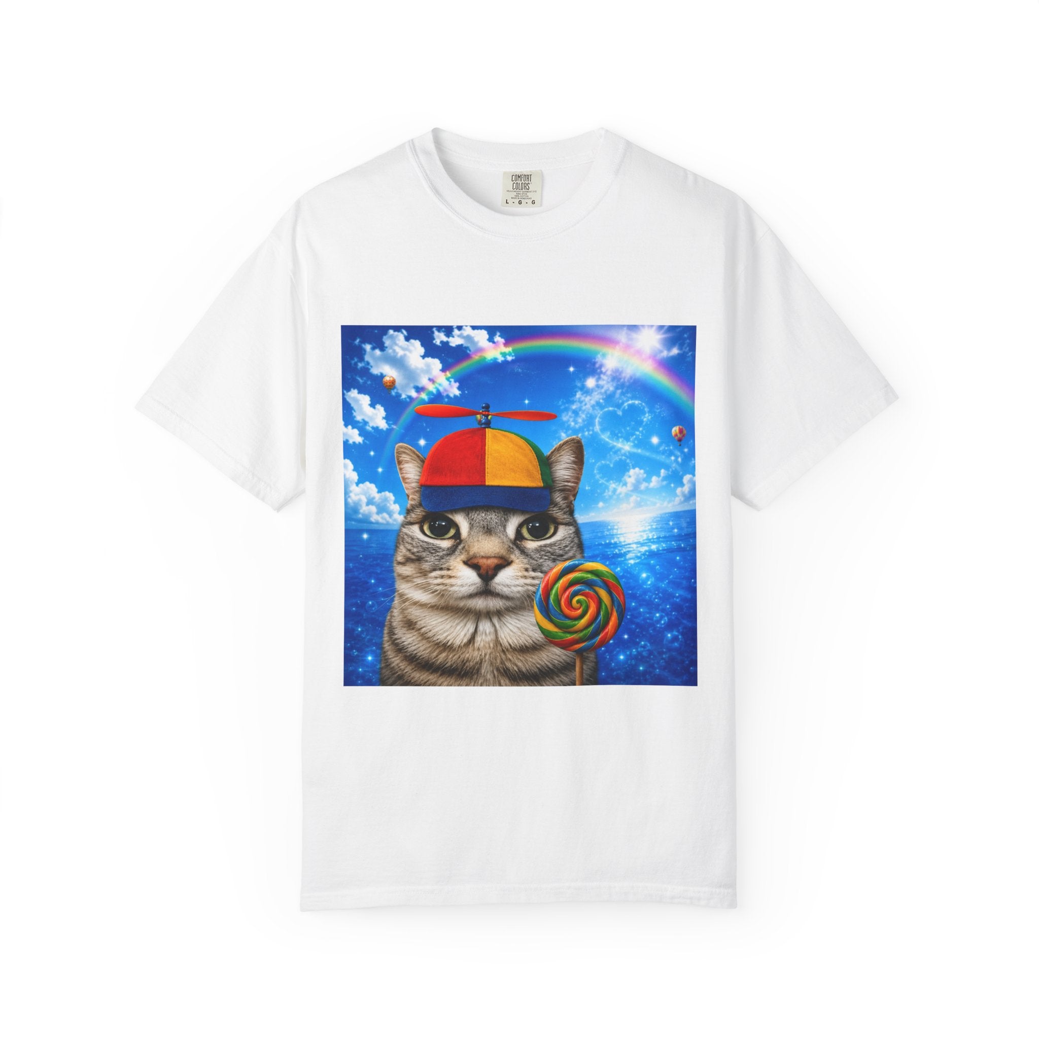 Cat with Lollipop T-Shirt — Rainbow Beanie Kitten Graphic Tee