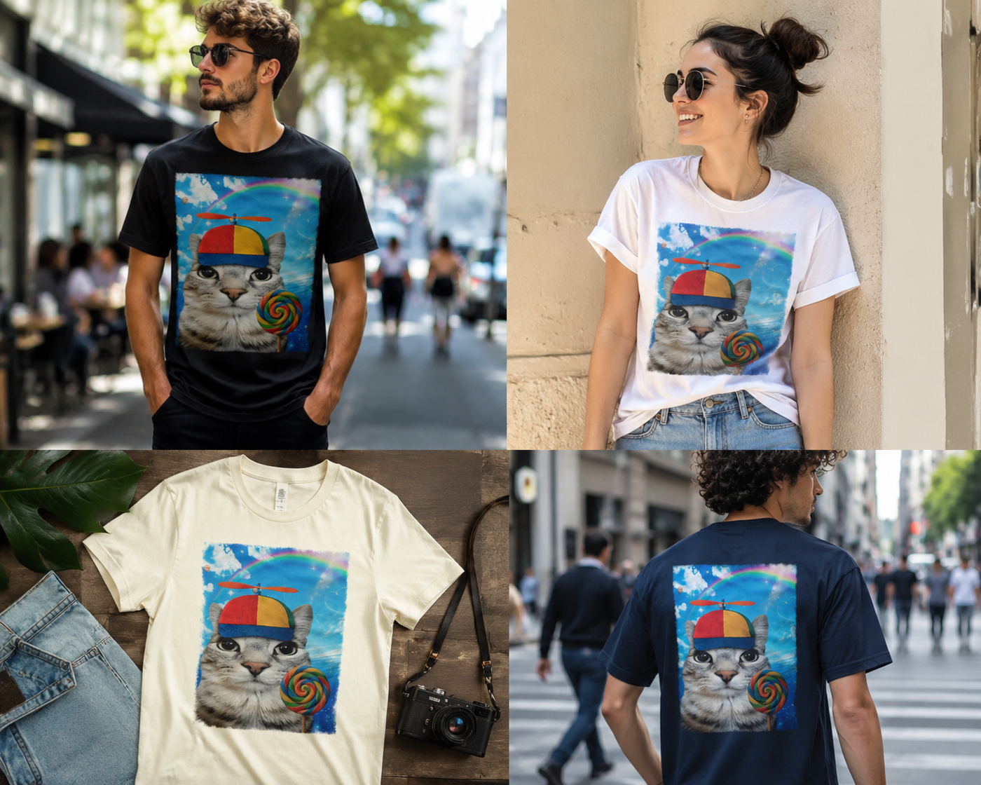 Cat with Lollipop T-Shirt — Rainbow Beanie Kitten Graphic Tee