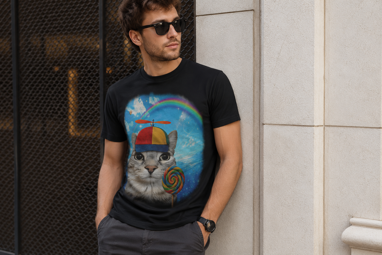 Cat with Lollipop T-Shirt — Rainbow Beanie Kitten Graphic Tee