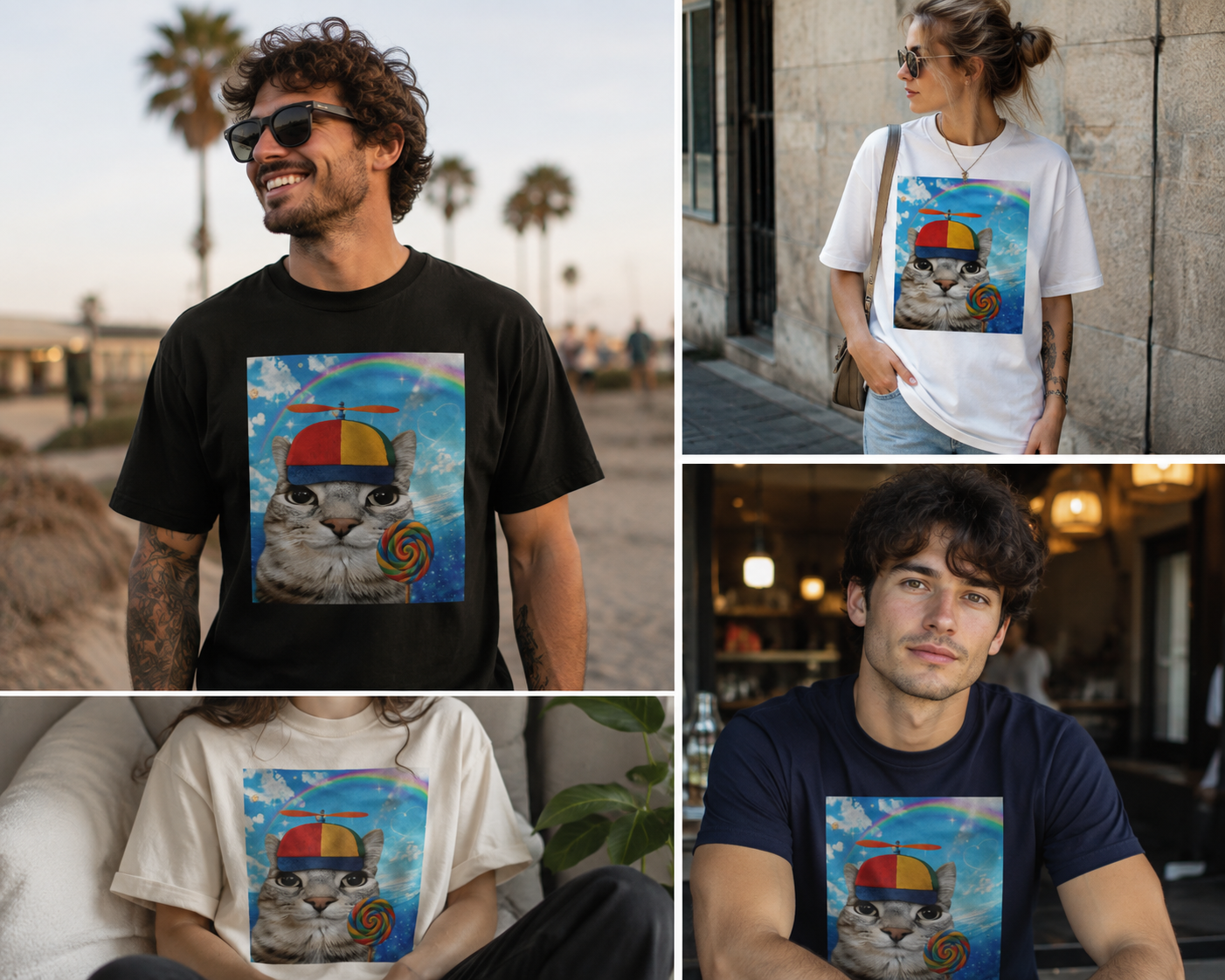Cat with Lollipop T-Shirt — Rainbow Beanie Kitten Graphic Tee