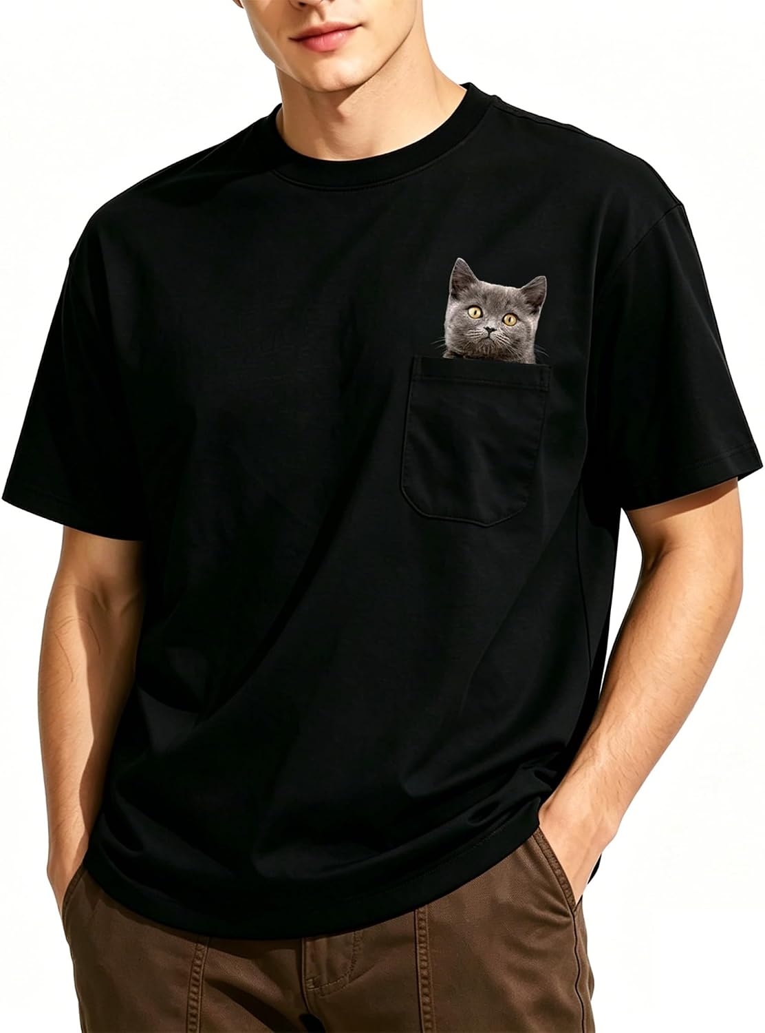 Men's Cat Shirts Cat Pocket T Shirt Medium Weight Funny Tshirts Guys Gift