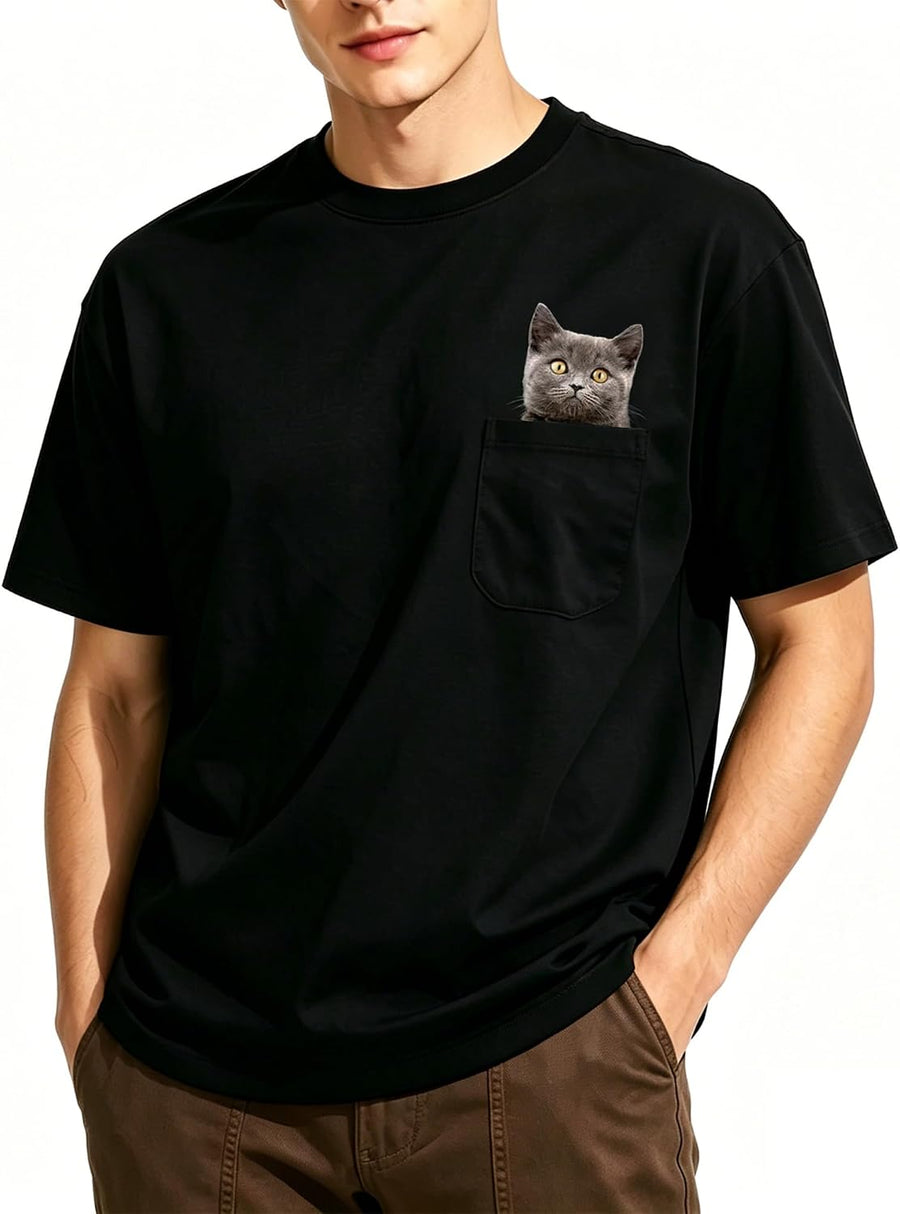 Men's Cat Shirts Cat Pocket T Shirt Medium Weight Funny Tshirts Guys Gift