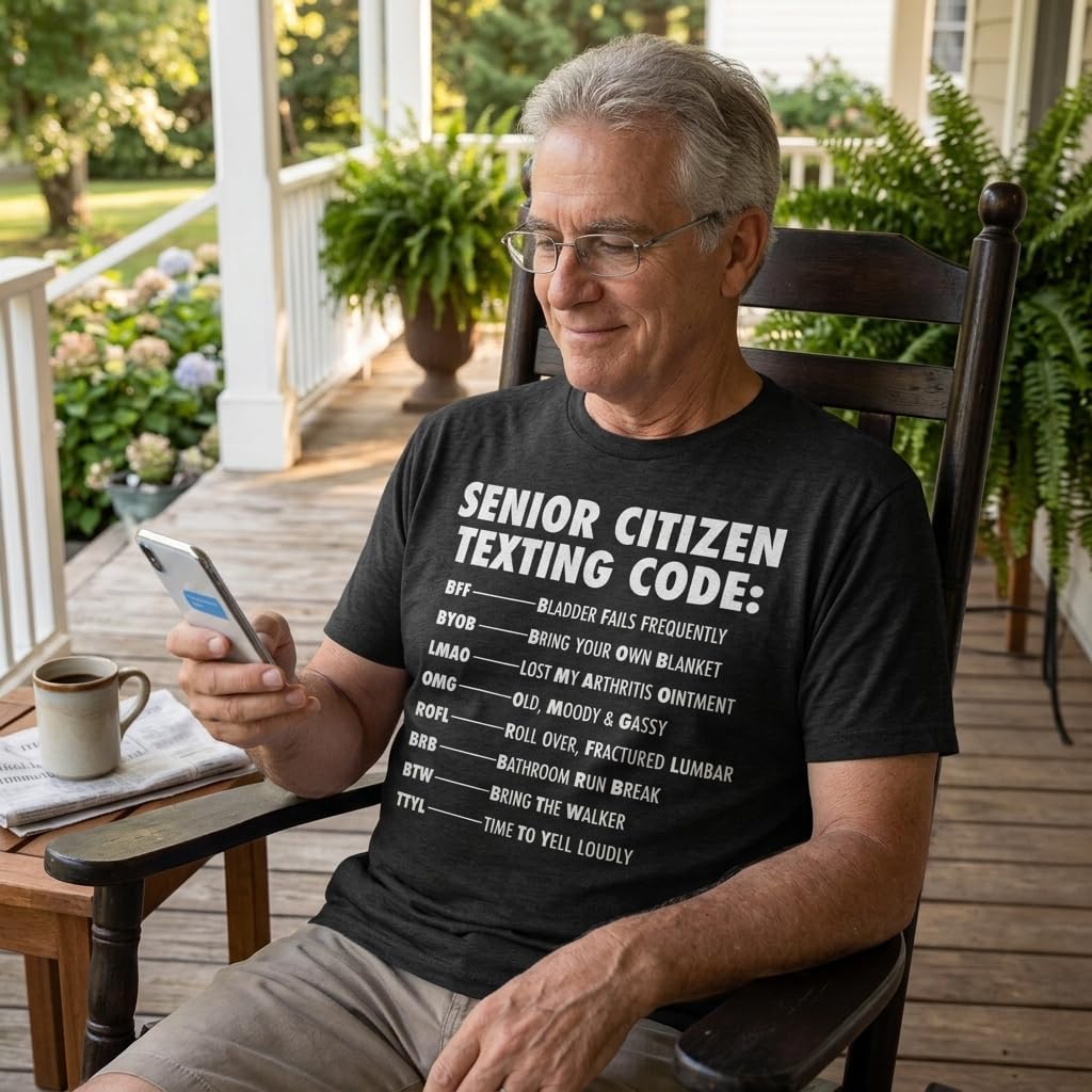 Senior Citizen Texting Code Elderly Graphic Funny Mens T Shirts