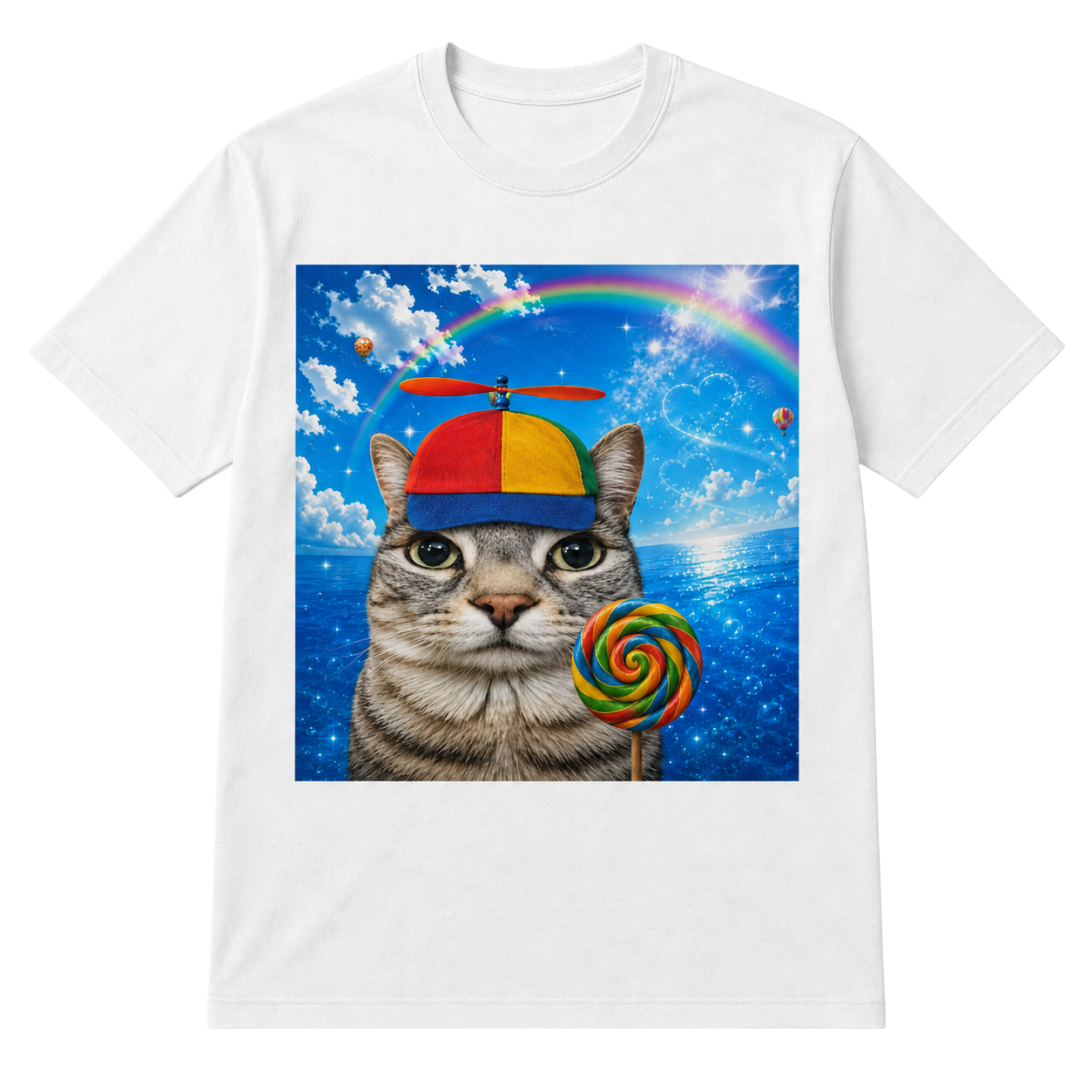 Cat with Lollipop T-Shirt — Rainbow Beanie Kitten Graphic Tee