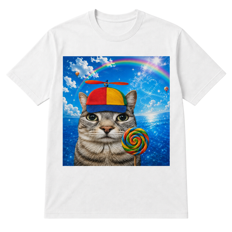 Cat with Lollipop T-Shirt — Rainbow Beanie Kitten Graphic Tee