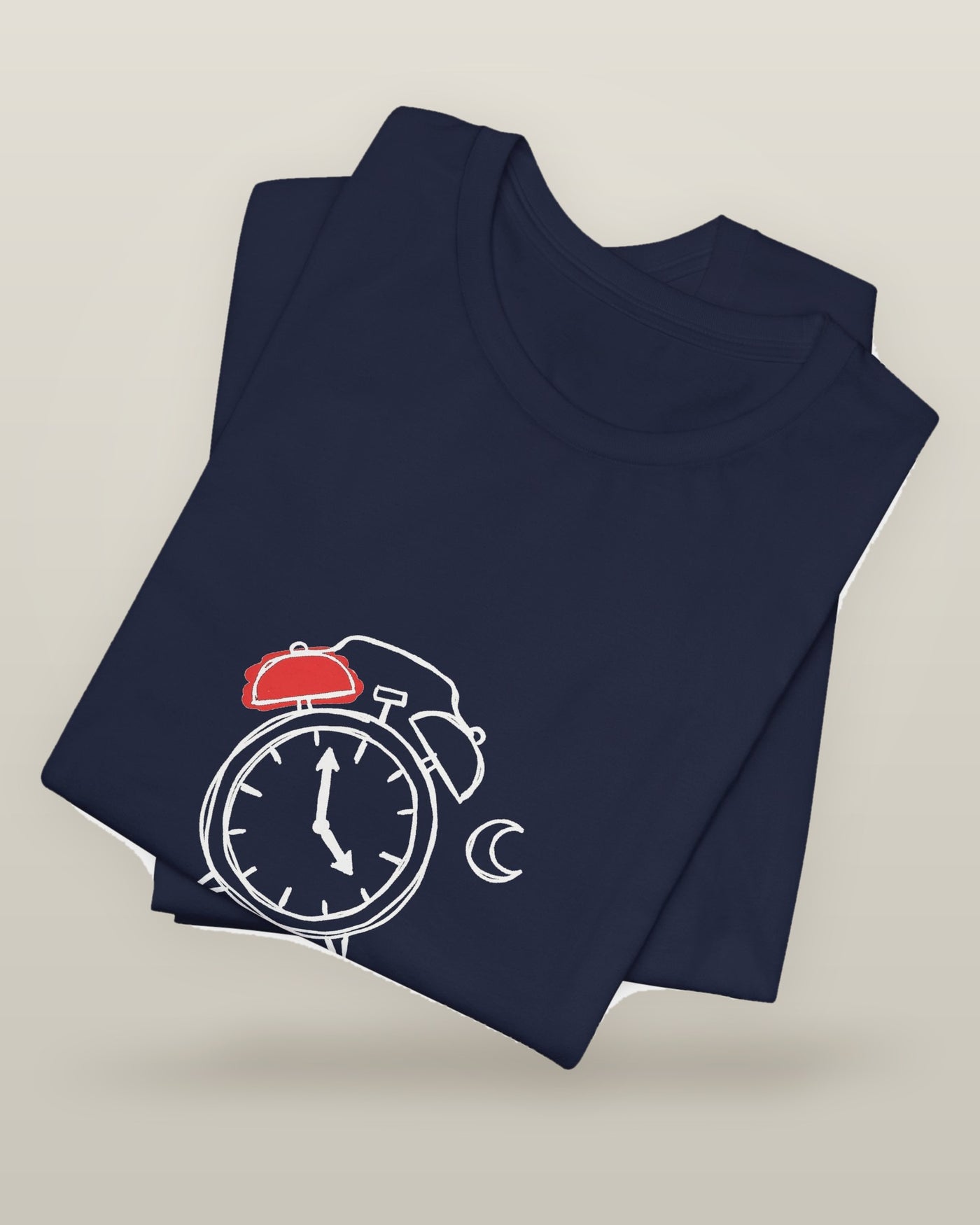 I could fix my sleep schedule. I won't. — an alarm clock at a very late hour beside a crescent moon, printed on a navy cotton t-shirt, folded