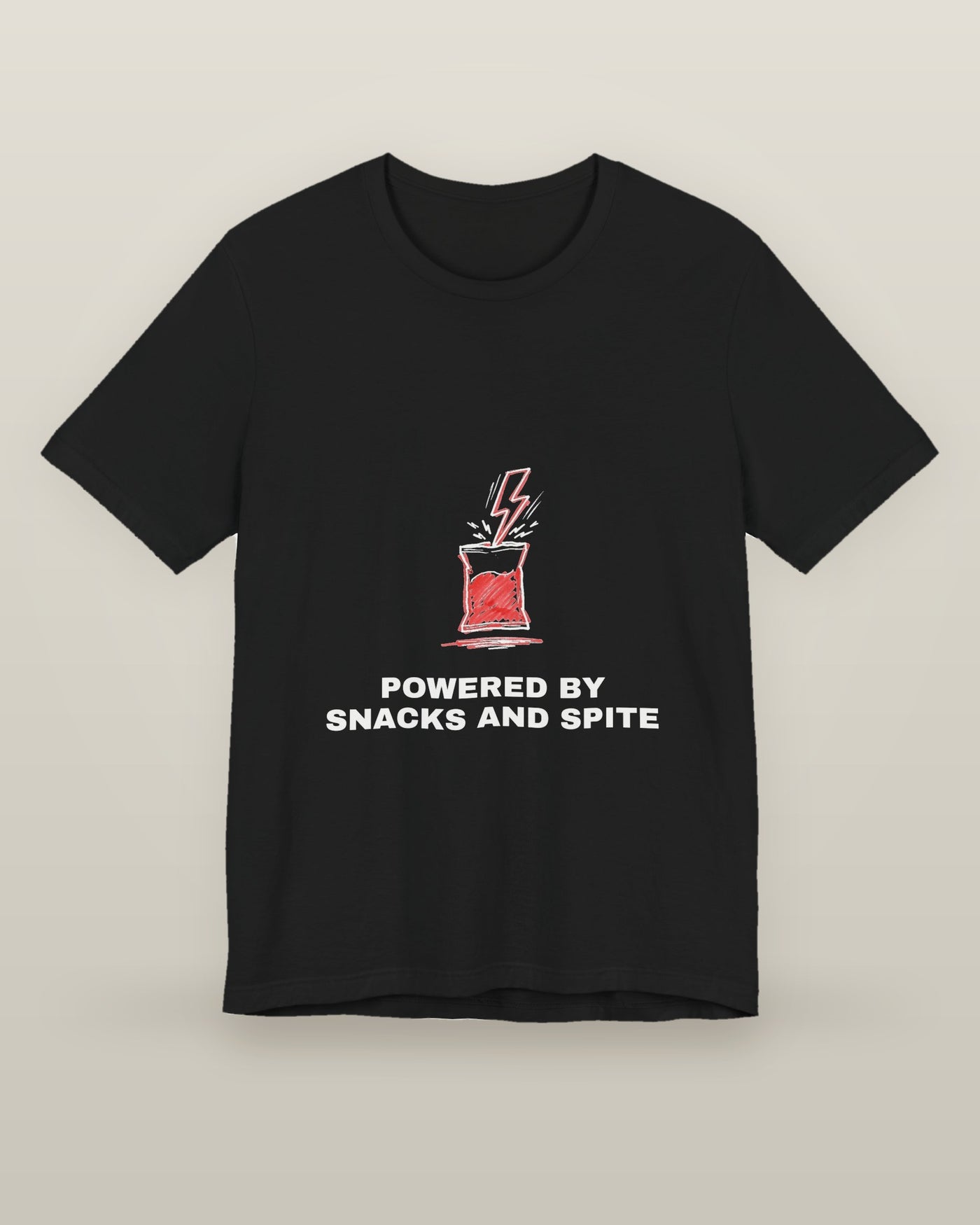 Powered by snacks and spite — a crisp packet struck by a lightning bolt, printed on a black cotton t-shirt, front view