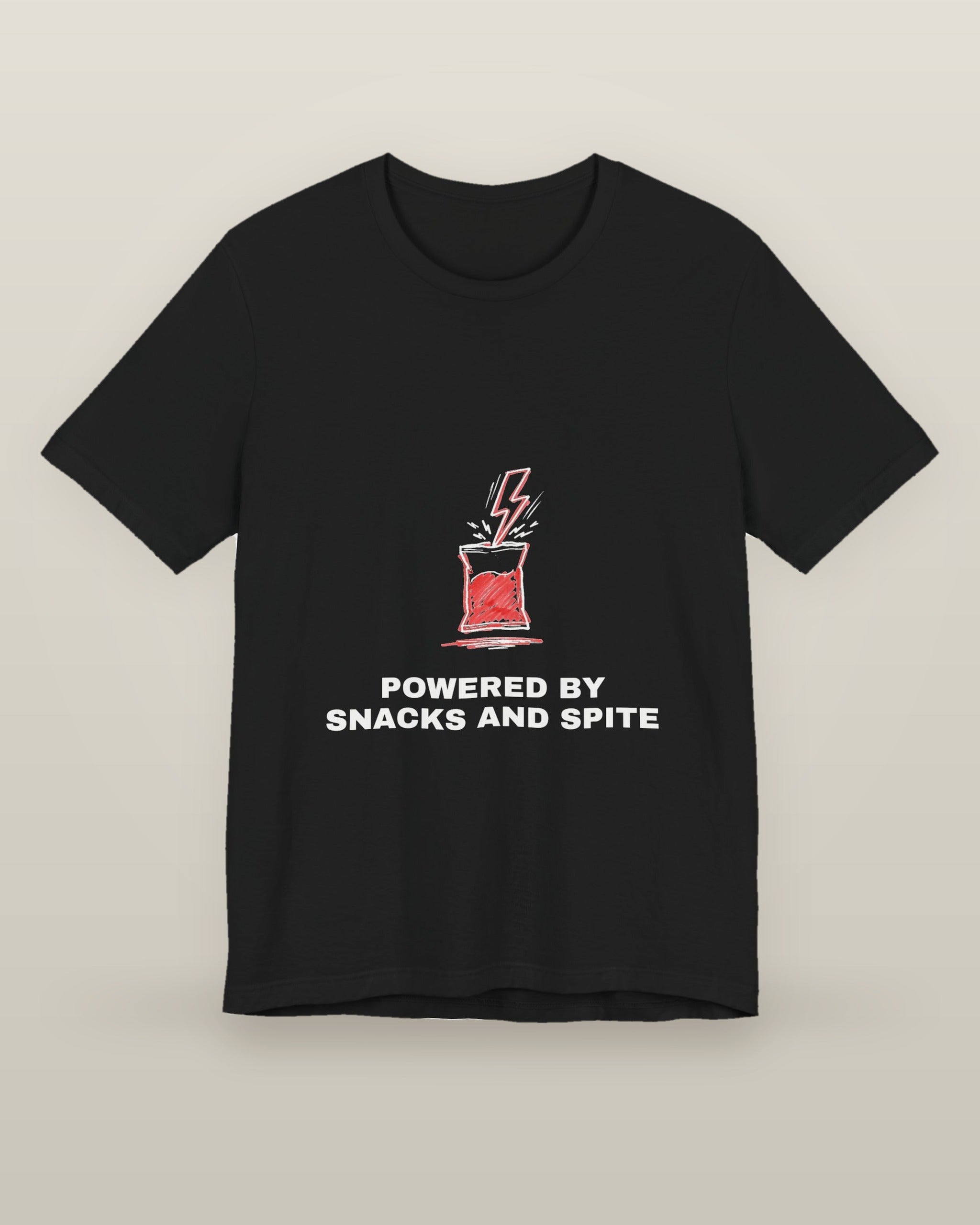 Powered by snacks and spite — a crisp packet struck by a lightning bolt, printed on a black cotton t-shirt, front view