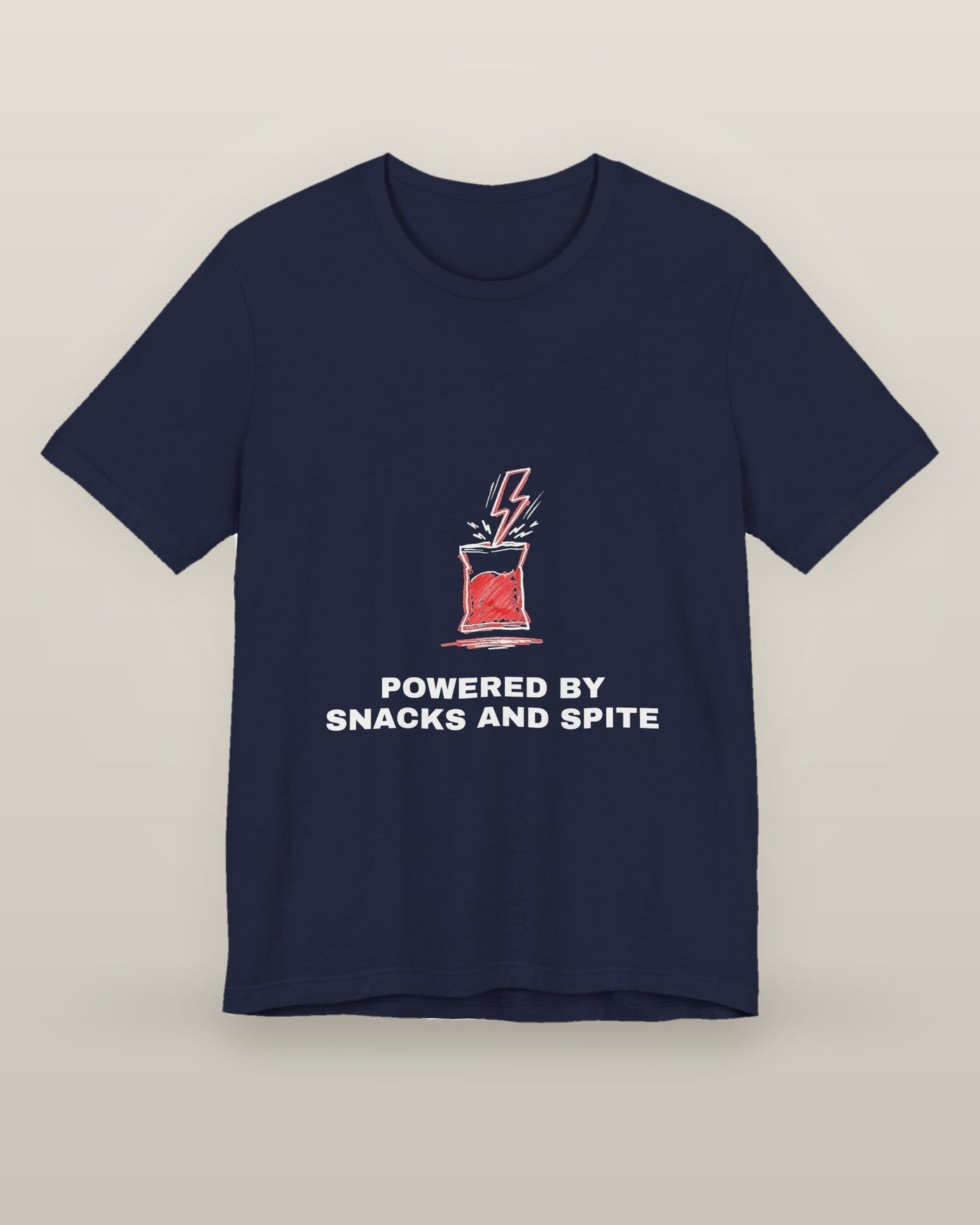 Powered by snacks and spite — a crisp packet struck by a lightning bolt, printed on a navy cotton t-shirt, front view